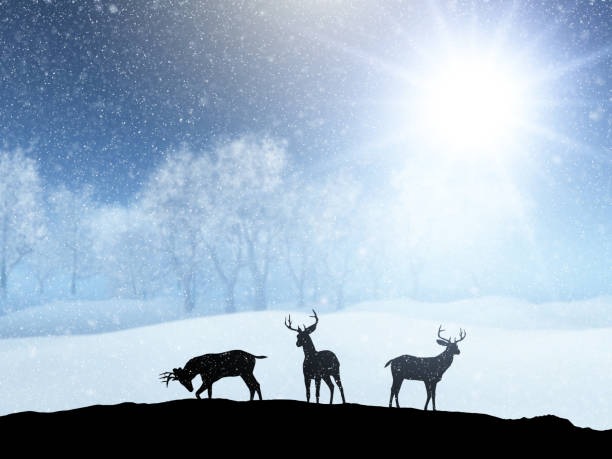 istock 3D winter snow landscape with silhouettes of deer 1066511192