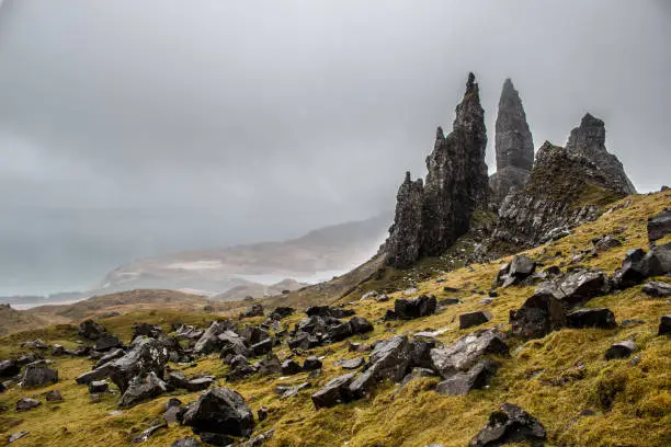 Rock Needle Old Man of Storr in Spring, Scotland