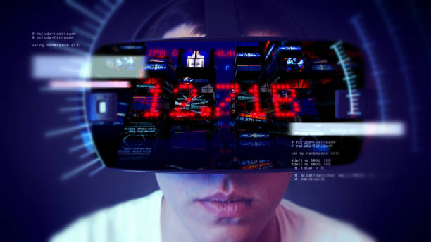 istock Young man wearing VR headset and watching business related graphics. 1066523410