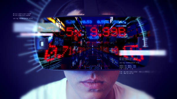 istock Young man wearing VR headset and watching business related graphics. 1066523472