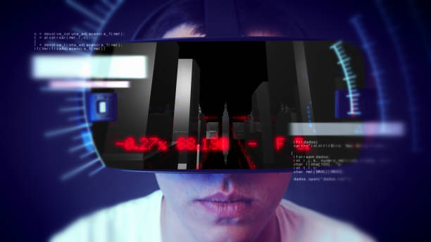 istock Young man wearing VR headset and watching business related graphics. 1066523532