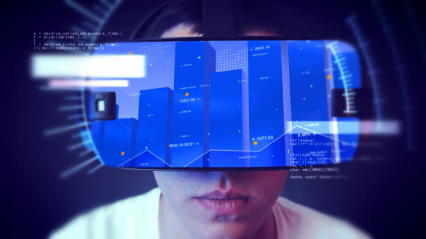 istock Young man wearing VR headset and watching business related graphics. 1066523642