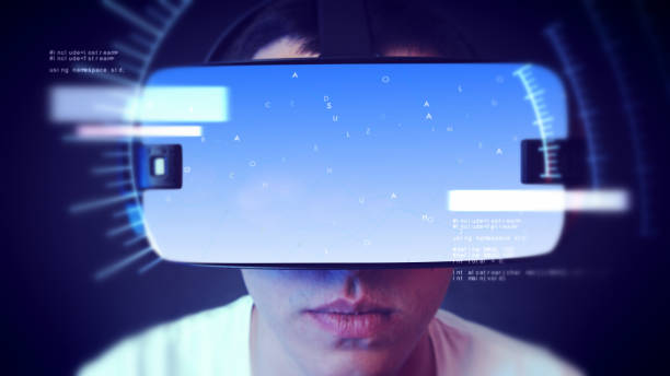 istock Young man wearing VR headset and watching business related graphics. 1066523656