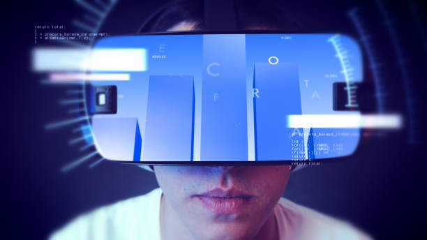 istock Young man wearing VR headset and watching business related graphics. 1066523700