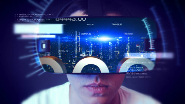 istock Young man wearing VR headset and watching business related graphics. 1066523852