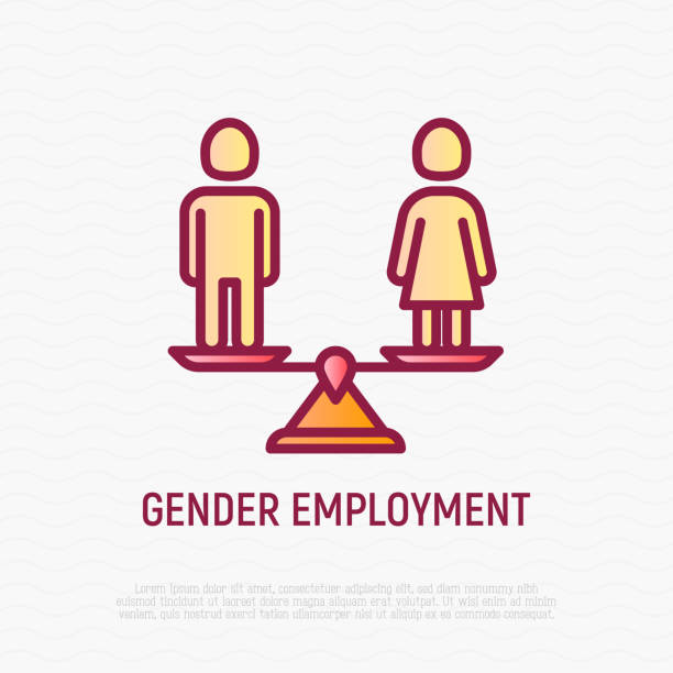 Equal gender employment thin line icon: woman and man on the scales are equal. Modern vector illustration. Equal gender employment thin line icon: woman and man on the scales are equal. Modern vector illustration. gender equality at work stock illustrations