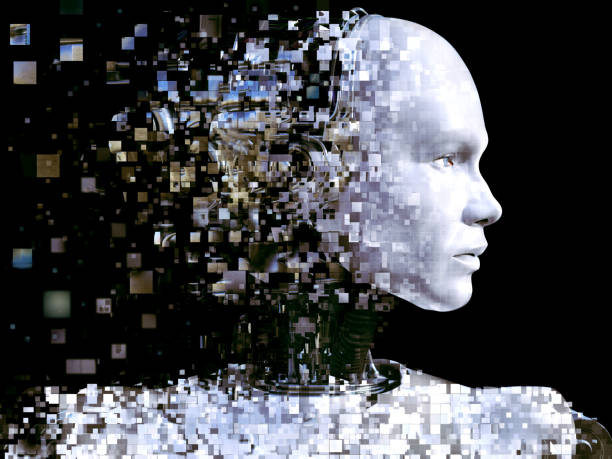 istock 3D rendering of male robot head that shatters. 1066530470