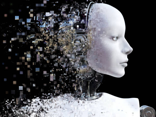 istock 3D rendering of female robot head that shatters. 1066530482