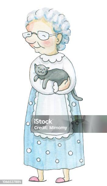 Watercolor Old Woman With Cat Stock Illustration - Download Image Now - Apron, Senior Women, Adult