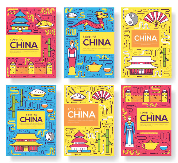 illustrazioni stock, clip art, cartoni animati e icone di tendenza di cina vettoriale brochure carte sottile linea impostata. modello di viaggio country di volantino, riviste, poster, copertina di libri, banner. layout cultura monumento delinea illustrazioni pagine moderne - travel locations europe china beijing