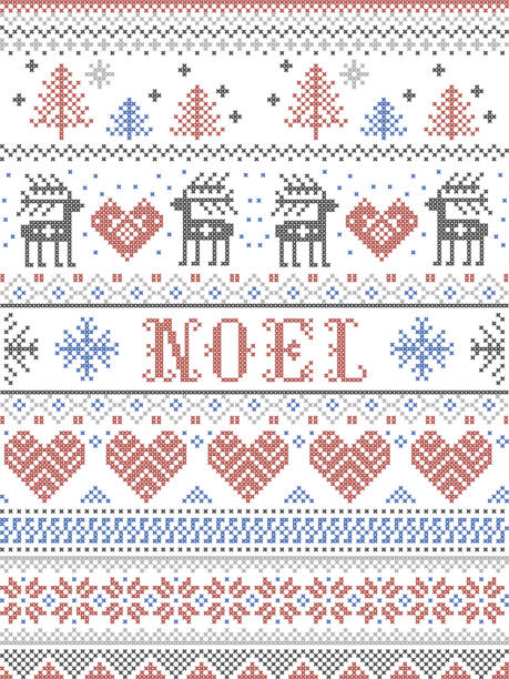 christmas pattern noel styl skandynawski, zainspirowany norweską świąteczną kulturą zimową, bezszwowy, w ściegu krzyżykowym z reniferami, choinką, sercem, prezentem, płatkiem śniegu, gwiazdą, śniegiem w kolorze szarym, niebieskim, czerwonym - christmas singing music star shape stock illustrations