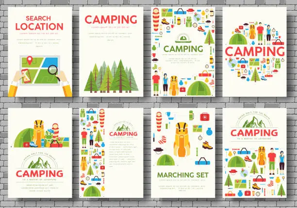 Vector illustration of Camping trip cards set. Hiking template of flyer, magazines, posters, book cover, banners. Travel tour infographic concept background. Layout illustrations template pages with typography text.