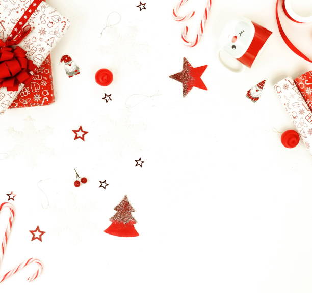 istock Christmas composition background from red Christmas decorations on white background.  Xmas  of New Year's Christmas balls. Creative Winter holiday concept.Flat lay. Top view. Copy space 1066549390