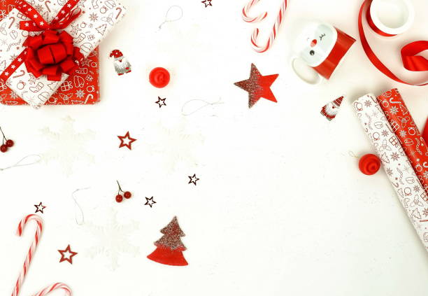 istock Christmas composition background from red Christmas decorations on white background.  Xmas  of New Year's Christmas balls. Creative Winter holiday concept.Flat lay. Top view. Copy space 1066549972