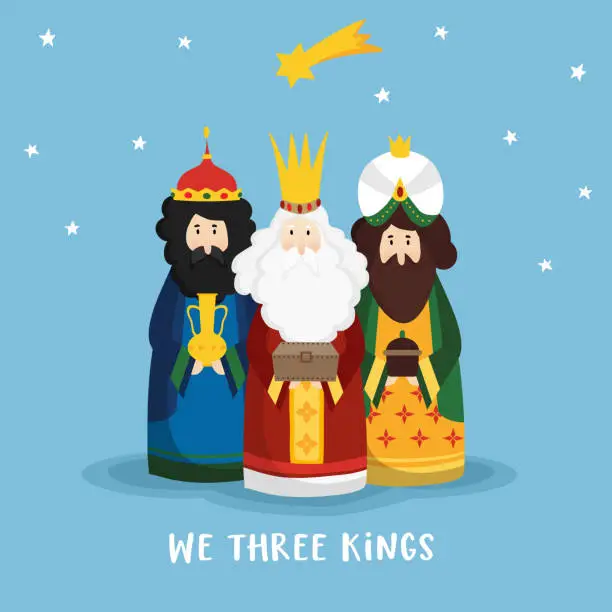 Vector illustration of Cute Christmas greeting card, invitation with three magi bringing gifts and falling star. Biblical kings Caspar, Melchior, Balthazar and comet. Flat design, vector illustration background.