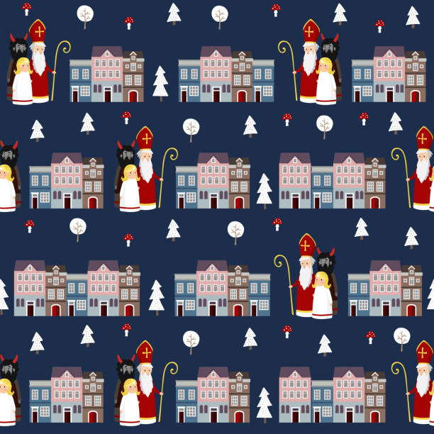 Cute winter seamless fabric pattern with St. Nicholas, angel, devil and town houses. Flat kids design. Vector illustration background, web banner. Cute winter seamless fabric pattern with St. Nicholas, angel, devil and town houses. Flat kids design. Vector illustration background, web banner. sinterklaas nederland stock illustrations