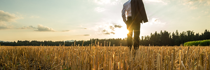 Wide view image of businessman standing in sawn golden field with his suit jacket over his shoulder and sun flare coming through his legs.