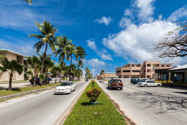 majuro town central boulevard view. central business district, marshall islands, micronesia, oceania, south pacific ocean. delap, uliga, djarrit - south pacific ocean island polynesia tropical climate imagens e fotografias de stock