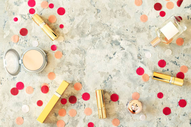 istock Flat lay composition with bunch of make up cosmetic items. 1066563808
