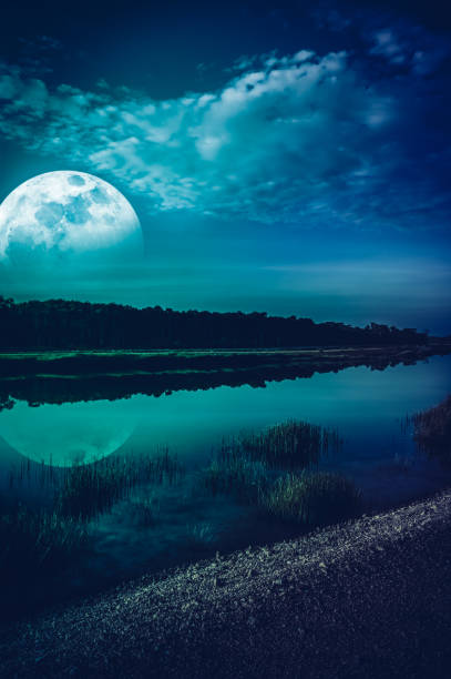 istock Night sky and super moon at riverside. Serenity nature background. 1066569636