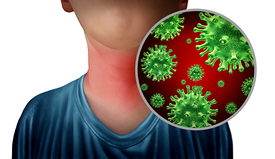 Sore throat infection as a neck with microscopic germ anatomy close up as a symbol for flu or influenza sickness with 3D illustrations.