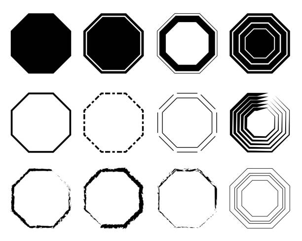 ilustraciones, imágenes clip art, dibujos animados e iconos de stock de pack de iconos del octágono. línea en geometría polígono echado a un lado ocho octagonal octágono. ilustración de vector - octógono