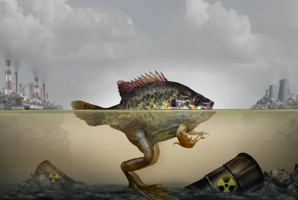 Environmental pollution genetic mutation and heritable DNA damage caused by a polluted environment with industrial waste in air and water as a hybrid fish and frog with 3D illustration elements.