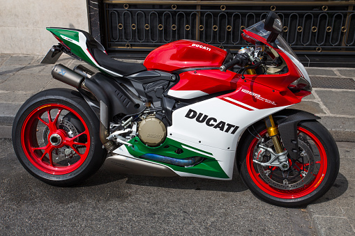Paris, France, September 5, 2018 - Ducati 1299 panigale final edition tricolor motorcycle on rent for tourists in Paris, France.