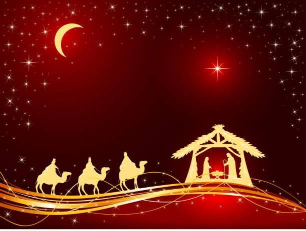 Christian Christmas Background with Birth of Jesus and Star Christian Christmas theme. Birth of Jesus, shining star and three wise men on red background, illustration. praying child christianity family stock illustrations