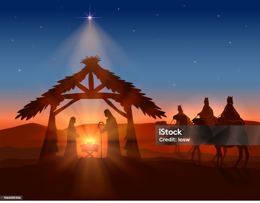 Christian Christmas with Wise Men and Jesus Christian Christmas background. Birth of Jesus, shining star and three wise men, illustration. Christmas stock vector