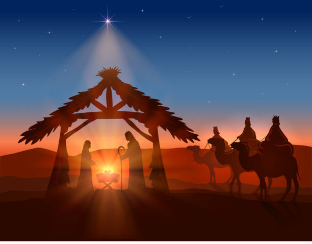 Christian Christmas with Wise Men and Jesus Christian Christmas background. Birth of Jesus, shining star and three wise men, illustration. jesus christ birth stock illustrations