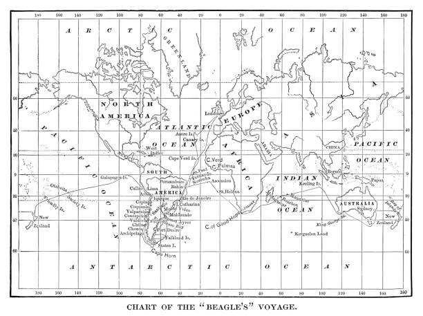 Chart of the Beagle's voyage. Charles Darwin travel map - Scanned 1880 Engraving