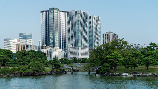 Tokyo, Japan - August 2018: Hamarikyu Gardens is a large and attractive landscape garden in Tokyo, Chuo district, Sumida River, Japan