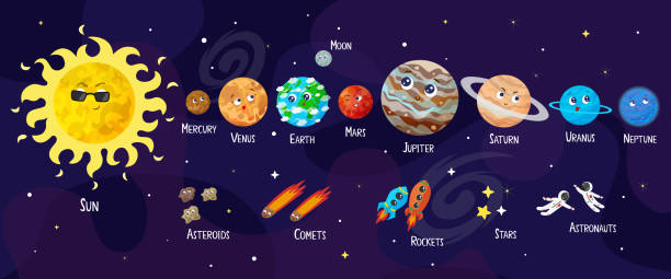 illustrazioni stock, clip art, cartoni animati e icone di tendenza di illustrazione vettoriale dello spazio, dell'universo.  pianeti dei cartoni animati, asteroidi, comete, razzi. - mercury rocket