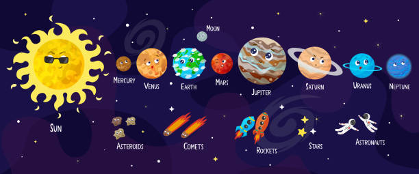 ilustrações, clipart, desenhos animados e ícones de vector a ilustração do espaço, universo.  desenhos animados de planetas, asteroides, cometa, foguetes. - mercury rocket