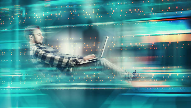 Man working on laptop in futuristic digital backgroud. High speed browsing .