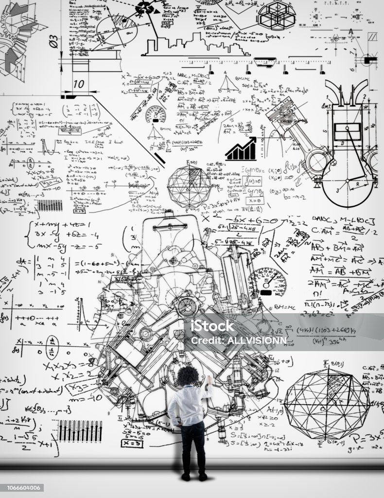 Solving A Mathematical Problem Scene Young Man Solving Math Problema Drawn On A White Wall Stock Photo ...