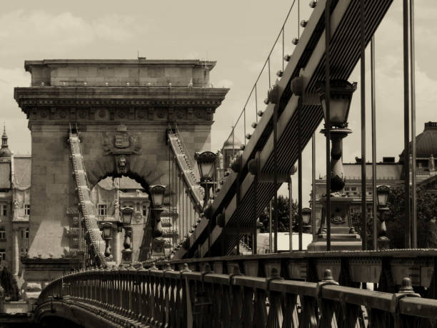 perspective of the Chain Bridge in Budapest in monochrome