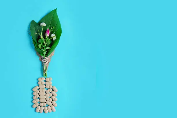 Photo of Medicinal herbs and natural tablets, medical bottle. The concept of the production of natural preparations and food supplements.