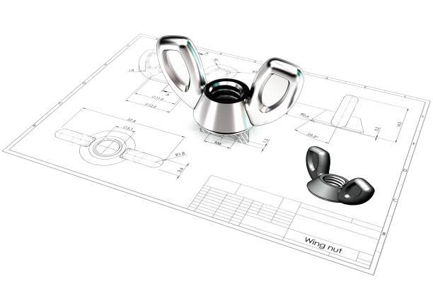 3d darstellung der flügelmutter - nut blueprint work tool construction stock-fotos und bilder