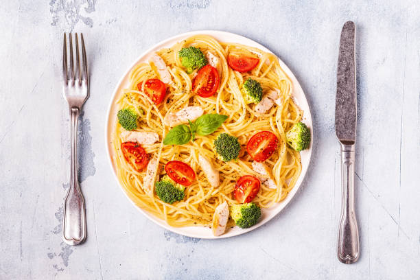 istock Plate of spaghetti tomato broccoli chicken 1066629198