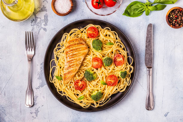 istock Plate of spaghetti tomato broccoli chicken 1066629326