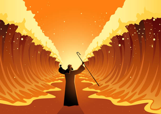 Moses and The Red Sea Biblical and religion vector illustration series, Moses held out his staff and the Red Sea was parted by God dividing illustrations stock illustrations