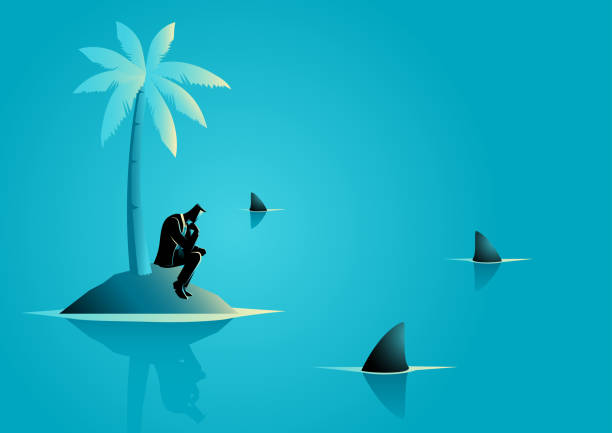 Businessman get stuck on island with water full of shark Business concept vector illustration of a businessman get stuck on island with water full of shark, business, financial crisis, frustration, castaway concept castaway stock illustrations