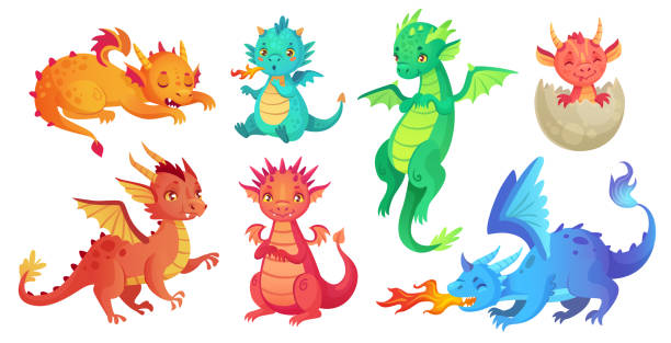 drachen-kinder. fantasie-baby-drachen, lustige märchen reptilien- und mittelalterliche legenden feuerspeienden schlange cartoon isoliert vektor-set - anime dragon stock-grafiken, -clipart, -cartoons und -symbole