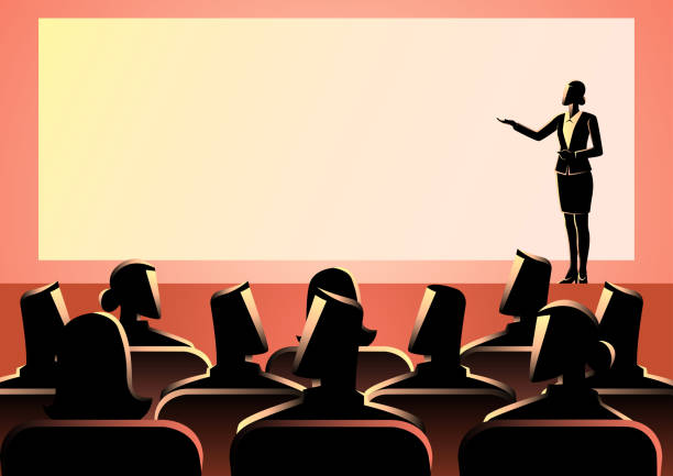 Businesswoman giving a presentation on big screen Business concept illustration of businesswoman giving a presentation on big screen. Audience, seminar, conference theme presentation speech stock illustrations