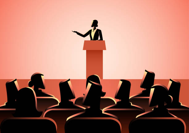 Woman Giving A Speech On Stage Business concept illustration of businesswoman giving a speech on stage. Audience, seminar, conference theme person presenting silhouette stock illustrations
