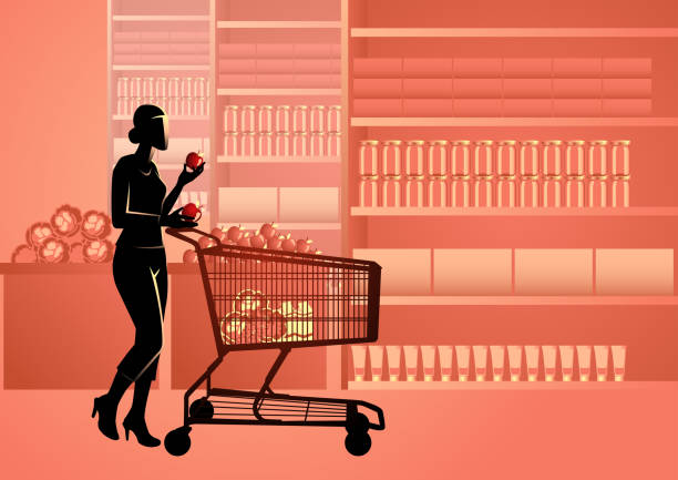 illustrazioni stock, clip art, cartoni animati e icone di tendenza di donna al supermercato con shopping trolly - shopping supermarket department store women