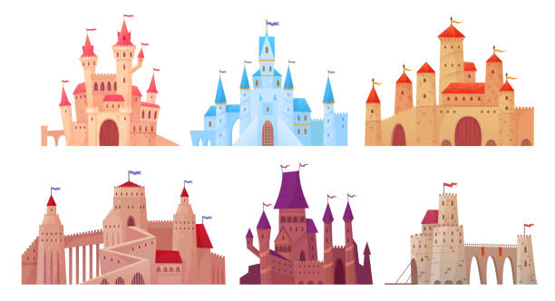 Medieval castle towers. Fairytail mansion exterior, king fortress castles and fortified palace with gate cartoon vector set Medieval castle towers. Fairytail mansion exterior, king fortress castles and fortified palace with gate. Old ancient gothic tower fortress or fairy citadel cartoon vector isolated icons set castle stock illustrations