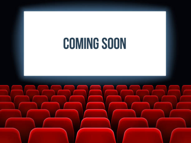 Cinema hall. Movie interior with coming soon text on white screen and empty red seats. Movie theater vector background Cinema hall. Movie interior with coming soon text on white screen and empty red seats. Theater concert premiere velvet room with velvet red seats armchair vector background film screening stock illustrations